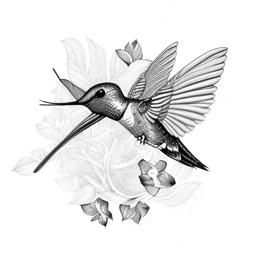 A detailed black and grey illustration of a hummingbird surrounded by intricate graphics tattoo design idea