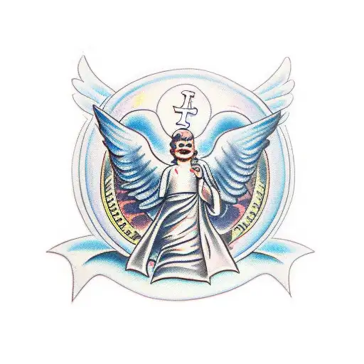 Angel with a bag of dollars on his back tattoo design idea
