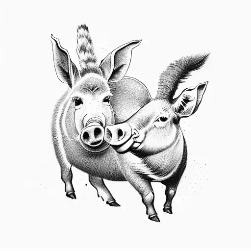 A drunk donkey, a female rabbit smoking cigarrete and a pig snorting cocaine in a bar  tattoo design idea