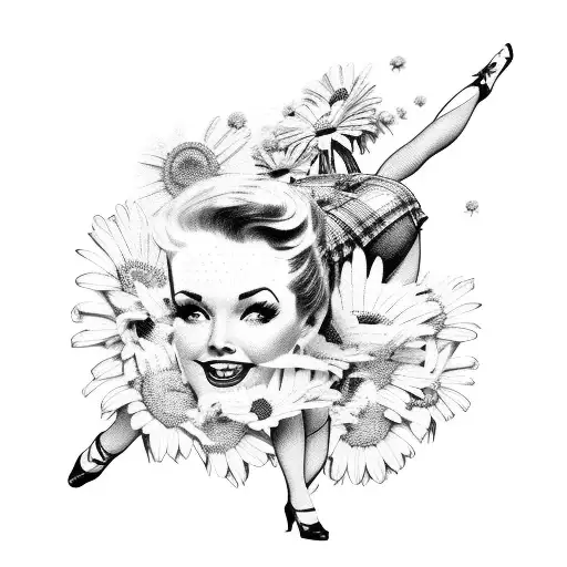 Vintage, pin up model wearing flannel shirt and daisy dukes riding on handle of the worlds largest, realistic stra tattoo design idea