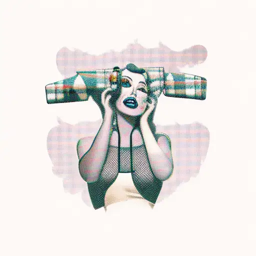 pin up model wearing flannel shirt and daisy dukes sitting on straight claw hammer, modern hammer tattoo design idea