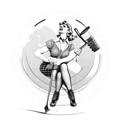 Vintage, pin up model wearing flannel shirt and daisy dukes sitting on the worlds largest straight claw hammer tattoo design idea