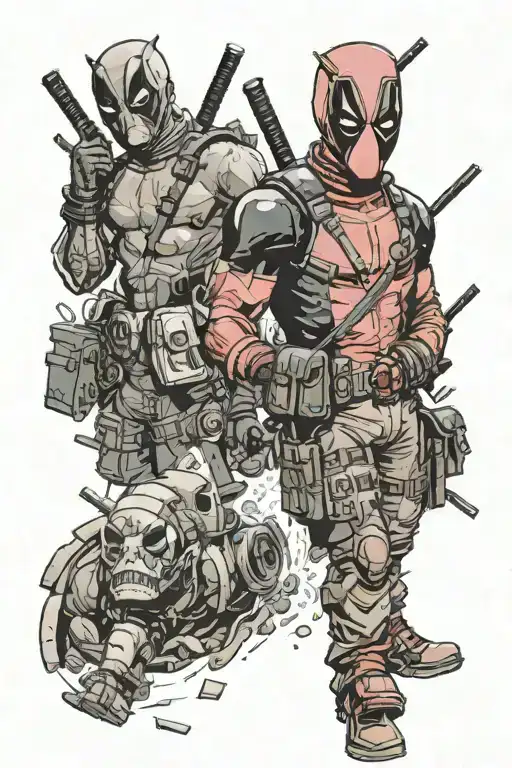 Deadpool** is in the center, cracking jokes and making witty asides to lighten the mood, possibly holding a chimichanga. tattoo design idea