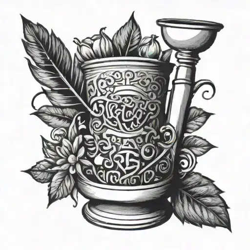 A blackwork tattoo of a pharmacist's mortar and pestle with musical symbols, reflecting the client's dual interests in pharmaceuticals and music tattoo design idea