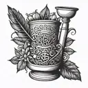 A blackwork tattoo of a pharmacist's mortar and pestle with musical symbols, reflecting the client's dual interests in pharmaceuticals and music tattoo design idea