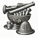 A blackwork tattoo of a pharmacist's mortar and pestle with musical symbols, reflecting the client's dual interests in pharmaceuticals and music tattoo design idea