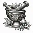 A blackwork tattoo of a pharmacist's mortar and pestle with musical symbols, reflecting the client's dual interests in pharmaceuticals and music tattoo design idea