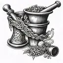 A blackwork tattoo of a pharmacist's mortar and pestle with musical symbols, reflecting the client's dual interests in pharmaceuticals and music tattoo design idea