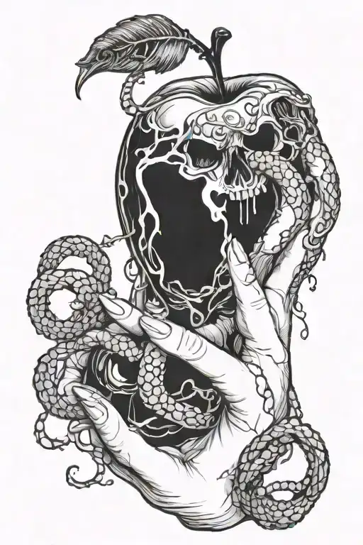 Female hand holding a melting poison apple from cinderella with a snake wrapped around the wrist tattoo design idea