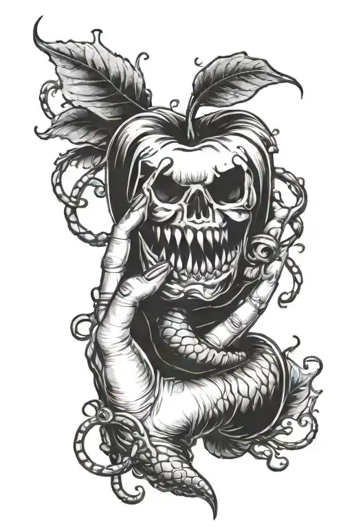 Female hand holding a melting poison apple from cinderella with a snake wrapped around the wrist with its mouth open tattoo design idea
