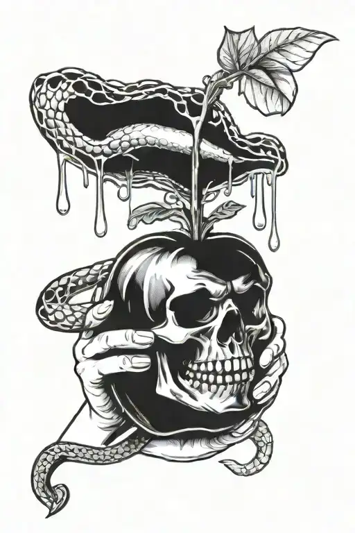 Female hand holding a melting poison apple from cinderella with a snake wrapped around the wrist hissing tattoo design idea