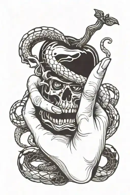 Female hand holding a melting poison apple from cinderella with a snake wrapped around the wrist with its mouth open tattoo design idea
