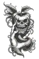 Female hand holding a melting poison apple from cinderella with a snake wrapped around the wrist with its mouth open tattoo design idea