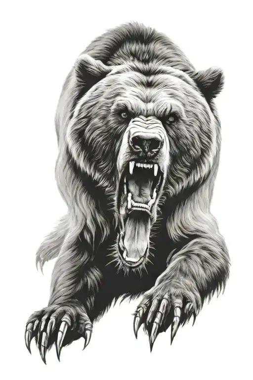the face of a strong imposing and wild angry bear screaming, seen from sidela tattoo design idea