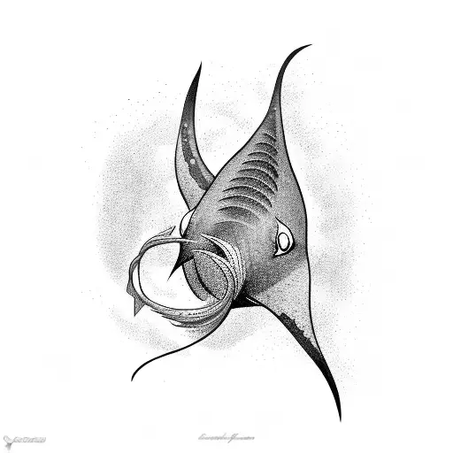 Manta ray swimming through a wave formed by Hawaiian words tattoo design idea