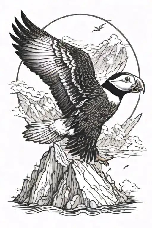 puffin soaring over a mountain in black and white drawing tattoo design idea