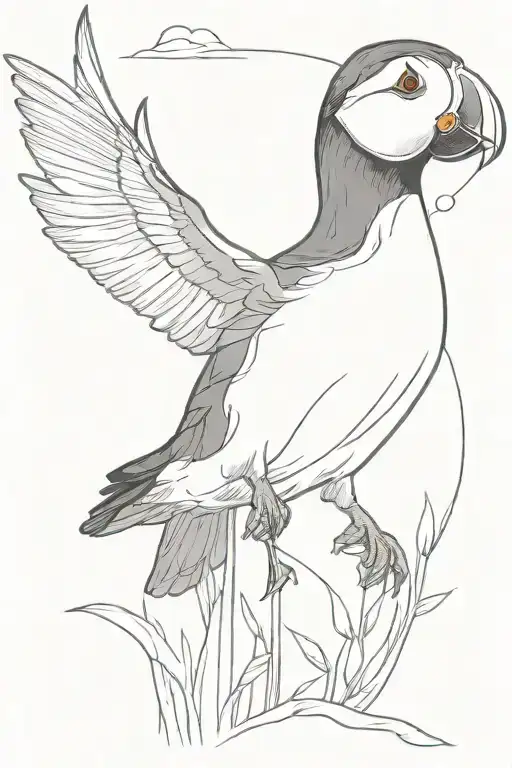 puffin in nature in black and white drawing tattoo design idea