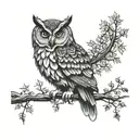 A wise owl perched on a branch, with a whiskey glass in its talons and a forest backdrop tattoo design idea