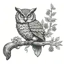 A wise owl perched on a branch, with a whiskey glass in its talons and a forest backdrop tattoo design idea