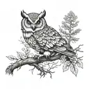 A wise owl perched on a branch, with a whiskey glass in its talons and a forest backdrop tattoo design idea