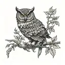 A wise owl perched on a branch, with a whiskey glass in its talons and a forest backdrop tattoo design idea