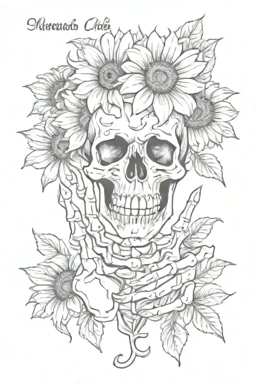 skeleton hand holding marigold sunflower with text saying memento mori   tattoo design idea