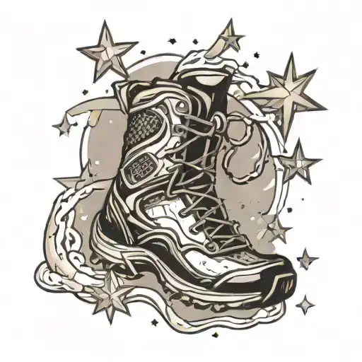 A mountain landscape with a 3D-printed hiking boot stepping onto a high-tech trail surrounded by shooting stars in a black-grey style tattoo tattoo design idea