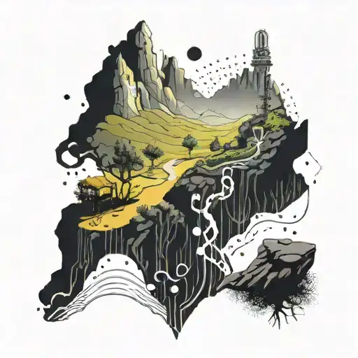 A futuristic landscape with a hiker exploring a digital world filled with binary code and technology symbols in a dotwork style tattoo tattoo design idea