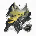 A futuristic landscape with a hiker exploring a digital world filled with binary code and technology symbols in a dotwork style tattoo tattoo design idea