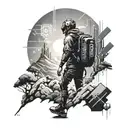 A futuristic landscape with a hiker exploring a digital world filled with binary code and technology symbols in a dotwork style tattoo tattoo design idea