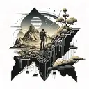 A futuristic landscape with a hiker exploring a digital world filled with binary code and technology symbols in a dotwork style tattoo tattoo design idea
