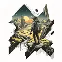 A futuristic landscape with a hiker exploring a digital world filled with binary code and technology symbols in a dotwork style tattoo tattoo design idea