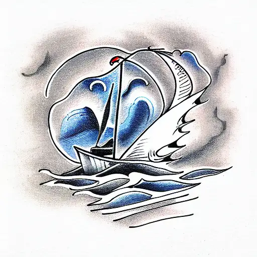A framed sailboat sailing in a storm, the ship's crew is fighting the elements,  tattoo design idea