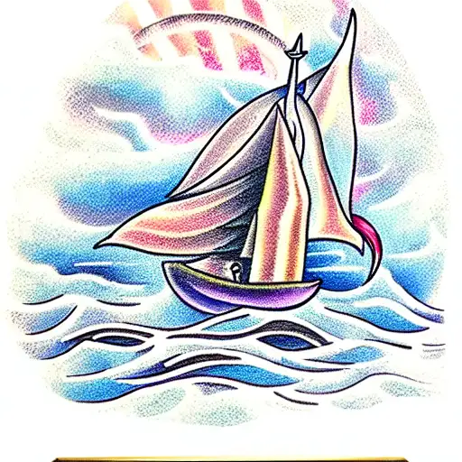 Sailboat, storm, mermaids, lightning, waves, in a picture round frame tattoo design idea