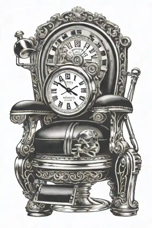 barber chair inside watch face with barber pole opposite with razor handle and clipper  tattoo design idea