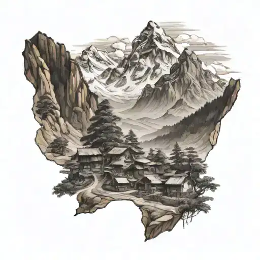 A mountain landscape with a traditional Nepalese village nestled in the peaks tattoo design idea