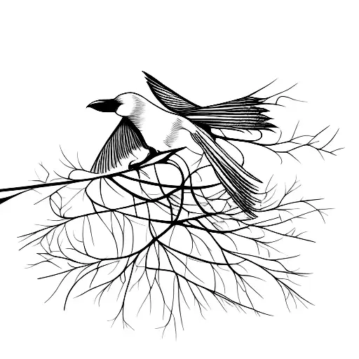 A minimalist tattoo of a crow perched on a branch, symbolizing intelligence and mystery tattoo design idea