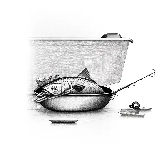 fishing pole with rubber ducky lure on a dinner on a cooking pan tattoo design idea