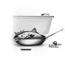 fishing pole with rubber ducky lure on a dinner on a cooking pan tattoo design idea