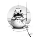 fishing pole with rubber ducky lure on a dinner on a cooking pan tattoo design idea