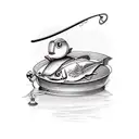 fishing pole with rubber ducky lure on a dinner on a cooking pan tattoo design idea