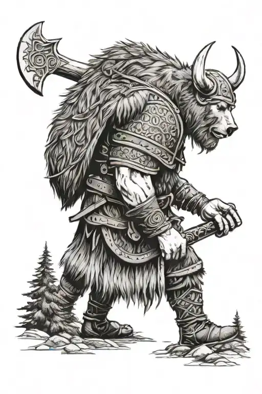 a Viking in profile with an axe behind his back against the backdrop of a forest and fir trees, in which a bear can be seen tattoo design idea