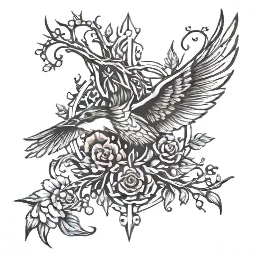 antler cross and hummingbird tattoo design idea