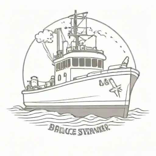 Tugboat with exhaust tube and a usa glag with the name Bruce Sterner tattoo design idea