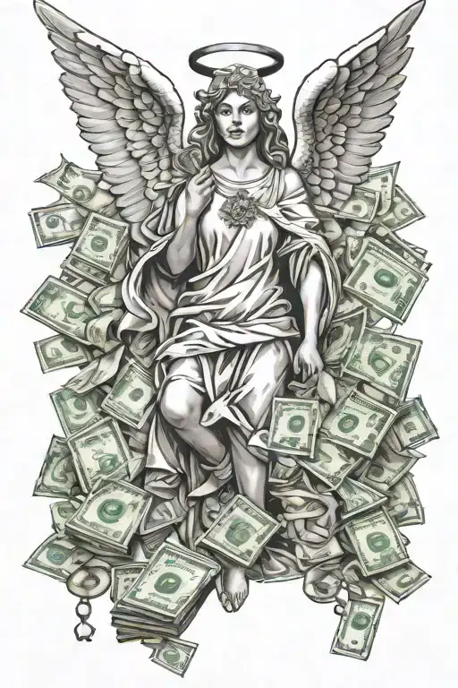 Angel with money and success and trash assets tattoo design idea