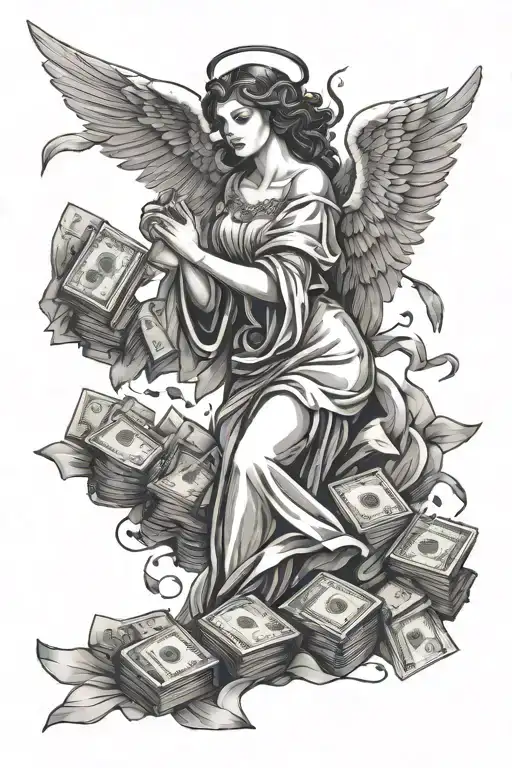 Angel With Money And Success And dark style tattoo design idea