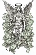 Angel with money and success and trash assets tattoo design idea