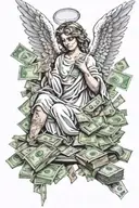 Angel with money and success and trash assets tattoo design idea