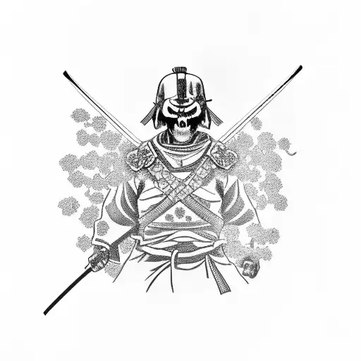 Samurai with a buddy and with a skull face. with flowers and smoke around him for a leg piece tattoo design idea
