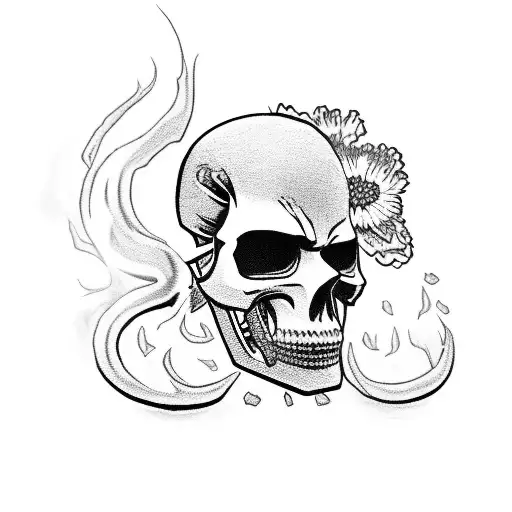 Samurai with a body and with a skull face. with flowers and smoke around him for a leg piece tattoo design idea
